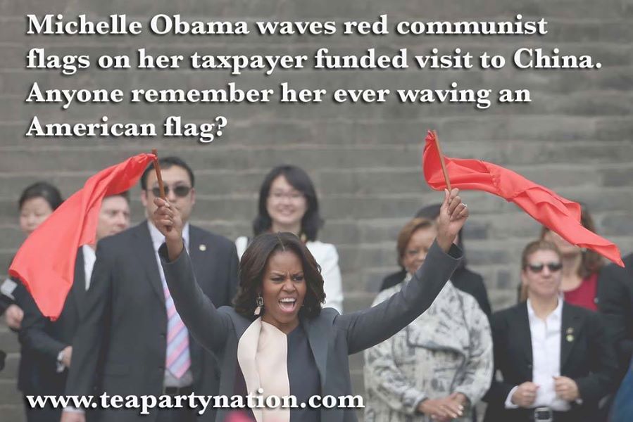 Michelle Obama Waves Red Communist Flag - Anyone Ever See Her Wave an American Flag