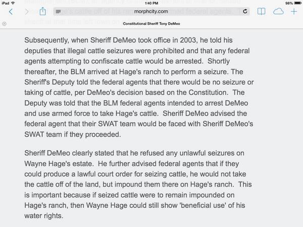 How Sheriff Demeo handled a land cattle grab in the past by confronting Federal Agents