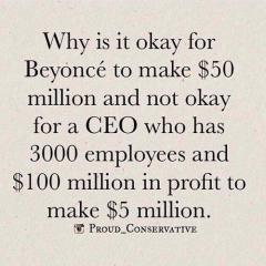 Why is it okay for Beyonce to make 50 million but not okay for a CEO with 3000 employees and 100 million in profit to make 5 million