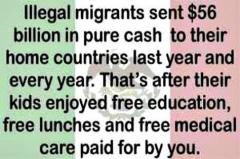 Illegal migrants sent 56 billion in pure case to home countires while you pay for their kids education lunches and health care