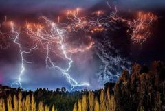Eruption of Volcano Puyehue in Chile Lightning Storm
