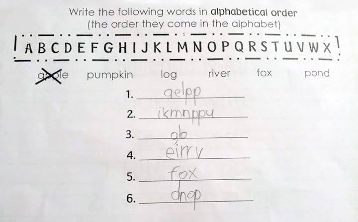 Write the following words in alphabetical order - 2nd grade autistic child response