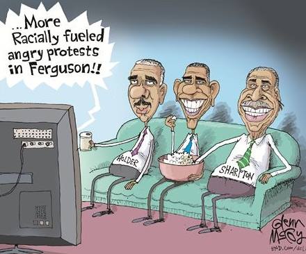 obama eric and sharpton grab the popcorn to watch Ferguson riots