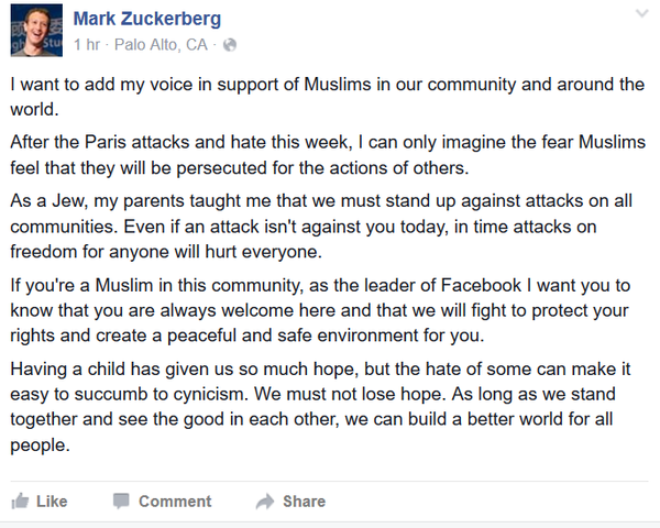 Zuckerberg Statement about Facebook Protecting Muslims