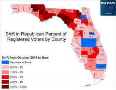 Florida shift in Republican percent of registered voters by county