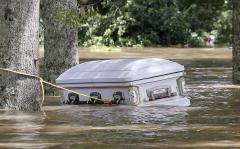 LA Flood casket floating and tied to a tree