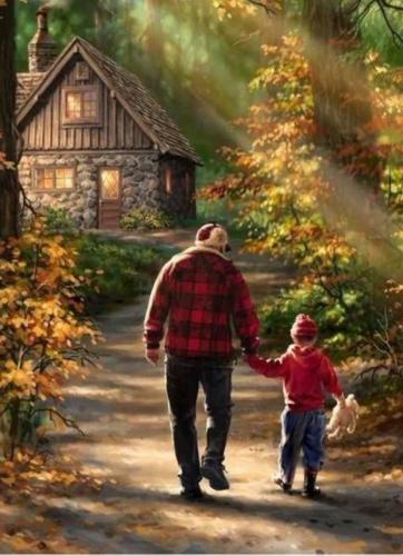grandfather and grandson walking in the woods