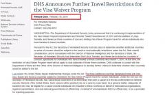 Feb 18 2016 DHS announces further travel restriction for visa waiver program