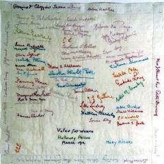 Handkerchief with embroidered signatures of suffragettes held at Holloway Prison 1912