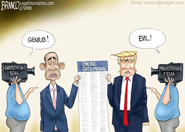 The difference between Obama and Trump using data mining Branco Cartoon LegalInsurrectionDOTcom