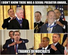 Sexual Pervert gives Sexual Predator Awards to Clinton Weinsteiin Weiner and Cosby