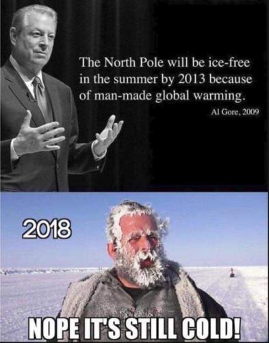 Al Gore predicted Noth Pole would be ice free by 2013 - 2018 nope it is still cold