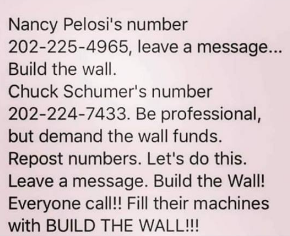 CALL Pelosi and Schumers phone numbers Tell them to Build The Wall
