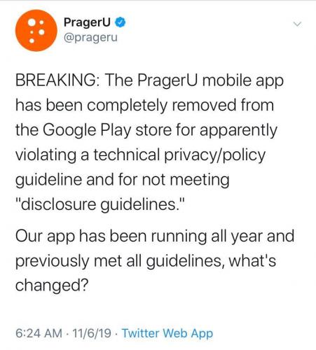 PragerU mobile app has been completely removed from Google Play store