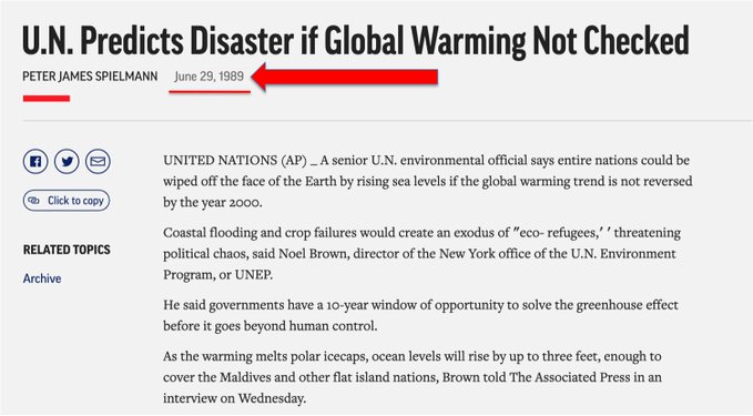 UN predicts disaster if global warming not checked 1989 Article