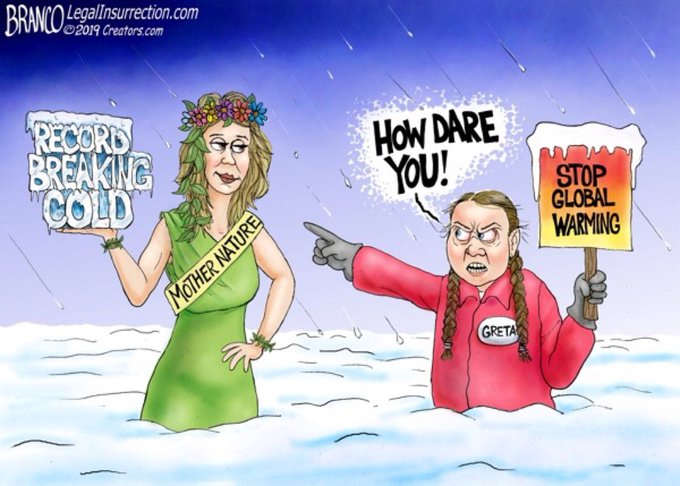 Greta Thunberg upset with mother nature for delivering record breaking cold Branco Cartoon Legal Insurrection