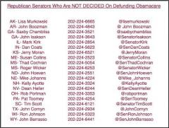 Republican Senators Who Have Not Decided to Defund Obamacare
