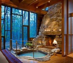 Jacuzzi in front of fireplace