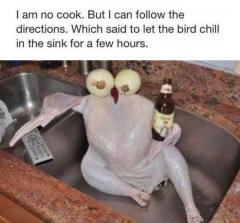 Turkey instructions let the bird chill in the sink