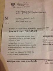 Obamacare Unpaid Responsibility Payment Receipt for 2014