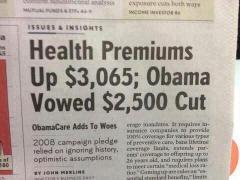 Health Premiums up 3065 dollars Obama vowed 2500 dollar cut