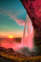 ocean sunrise and waterfall