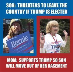 Mom supports Trump so Bernie fan son will move out of her basement to Cananda