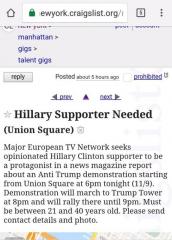 Craigs list ad for HIllary Supporter Needed for Protest