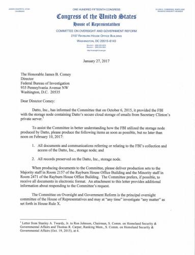 Jan 27 2017 Congress requests Clinton Files from FBI