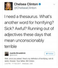 Juanitia Broaddricks Awesome Response to Chelsea Clinton tweet about adjectives for awful to describe Trump