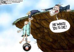 Branco cartoon - Dems claim Trump wants people to die over the end of obamacare