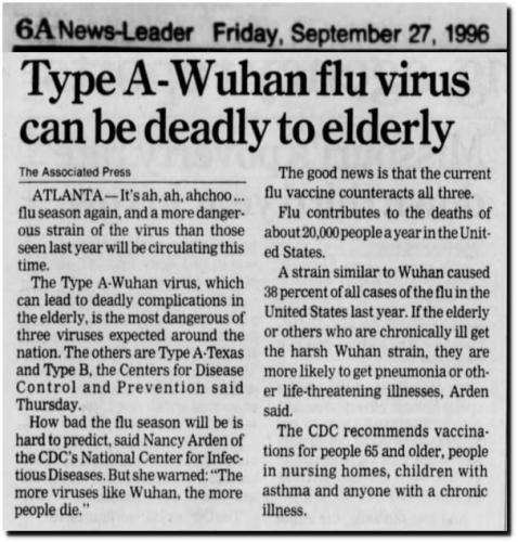 1996 News leader article Typ A Wuan flu virus can be deadly